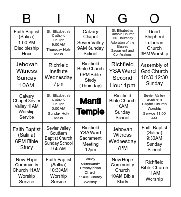 Christian Churches Richfield Utah Bingo Card
