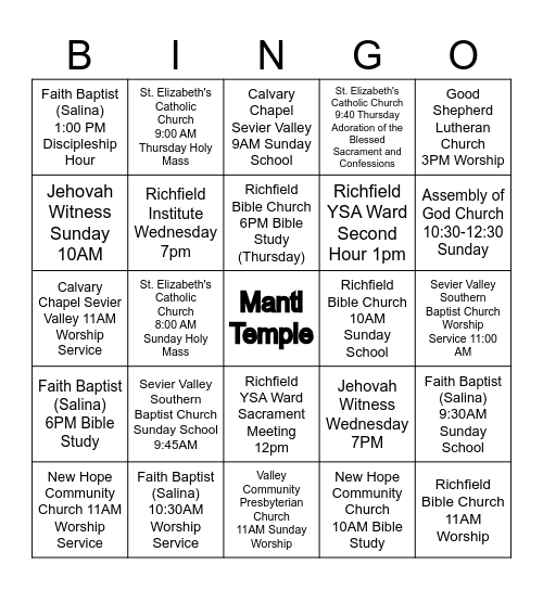 Christian Churches Richfield Utah Bingo Card