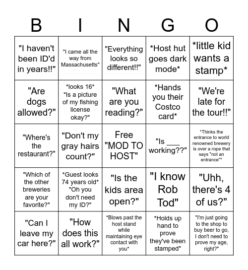 Host stand Bingo Card