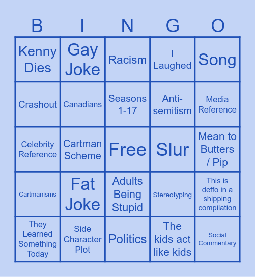 South Park Bingo Card