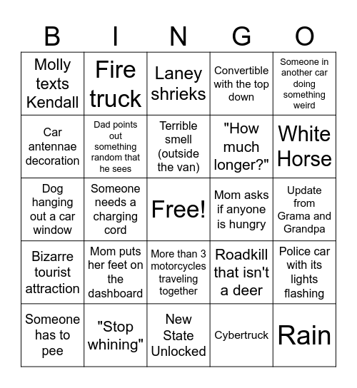 Scheberl Family Road Trip Bingo Card