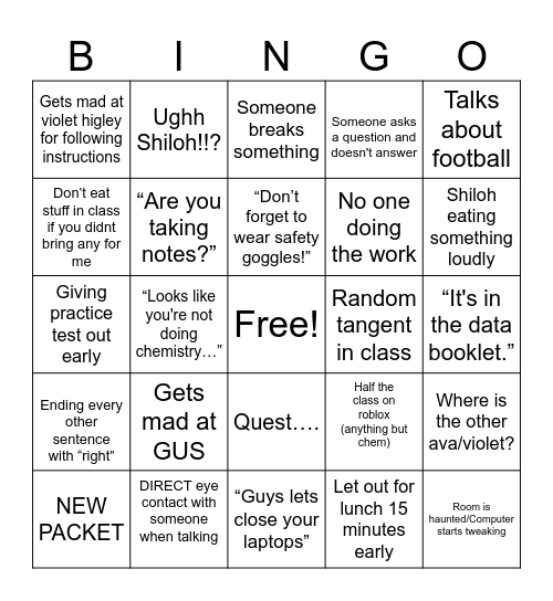 Ms. Noon HL-Chem Bingo Card
