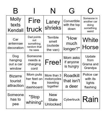 Scheberl Family Road Trip Bingo Card