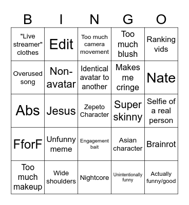 Zepeto Bingo Card