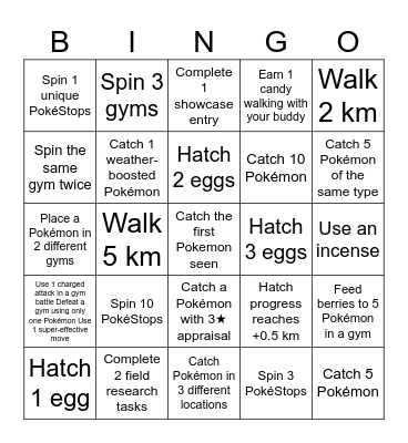 Pokemon go Bingo Card