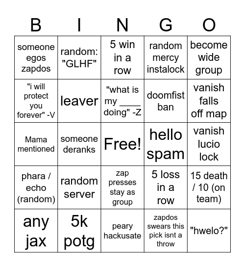 Seal server overwatch bingo Card