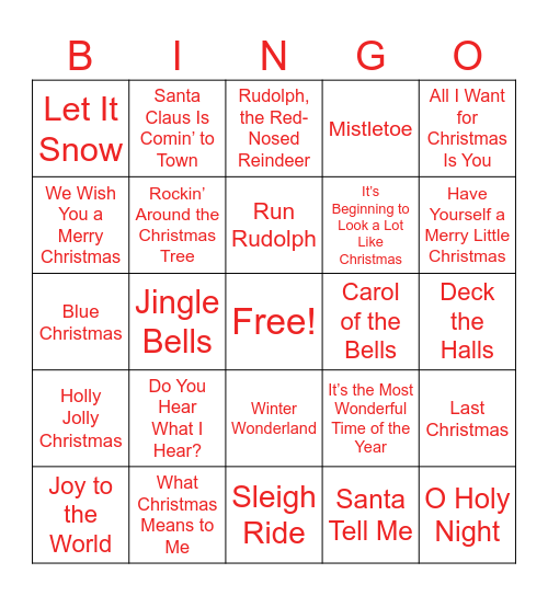 Holiday Song Bingo Card