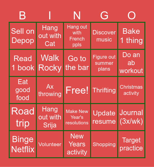 Winter Break Bingo Card