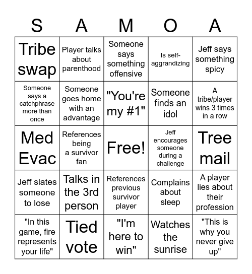 Survivor 19 Bingo Card