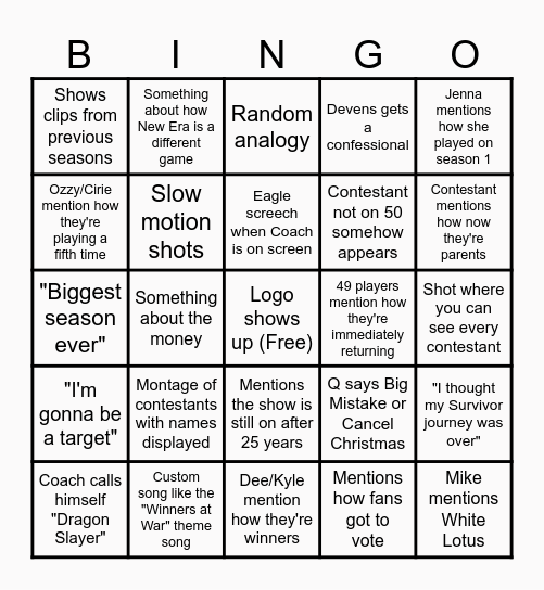 Survivor 50 Preview Bingo Card