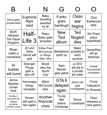 2026 Predictions Bingo Card