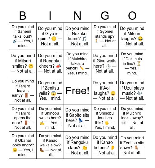 B7 L12 Do you mind if Kanao listens? 👂 — Not at all. Bingo Card