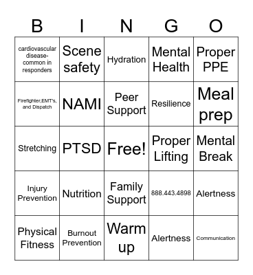 Responder Wellness/Safety Bingo Card