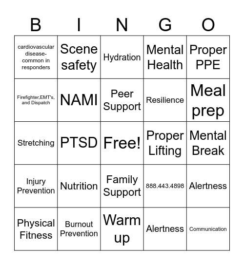 Responder Wellness/Safety Bingo Card