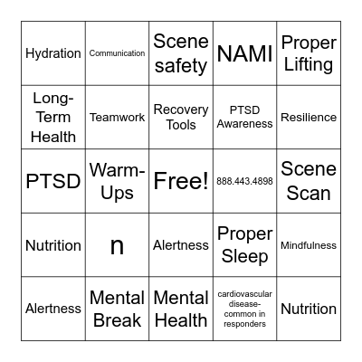 Responder Wellness/Safety Bingo Card