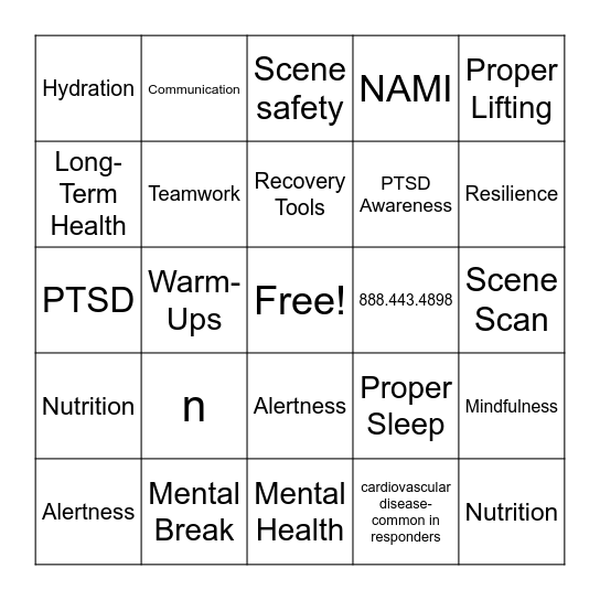 Responder Wellness/Safety Bingo Card