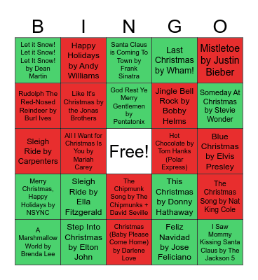 Christmas Song BINGO Card