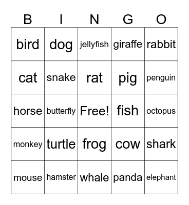 Animal Bingo Card