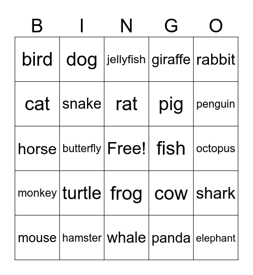 Animal Bingo Card