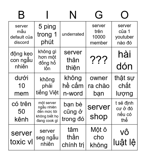 Disboard Bingo Card