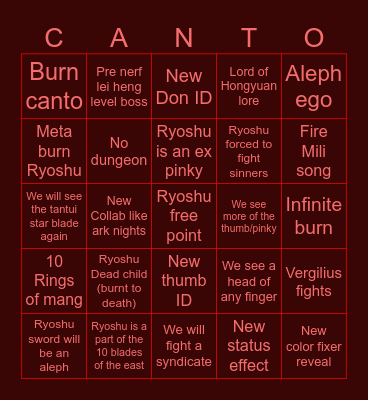 Canto 9 Bingo Card