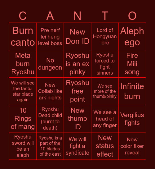 Canto 9 Bingo Card