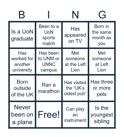 University of Nottingham staff Bingo Card
