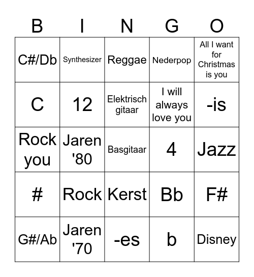 Jaar 1 - Muziek bingo Card