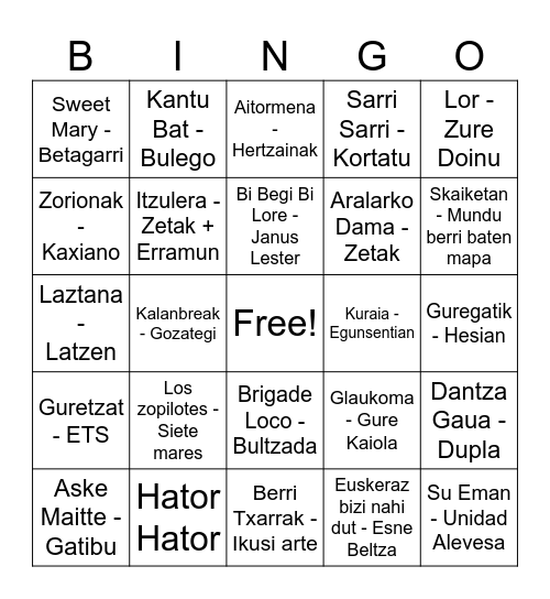 Bingo Musikatua Bingo Card