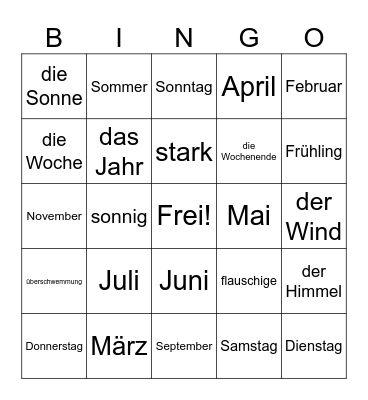 German Vocab Review Bingo Card