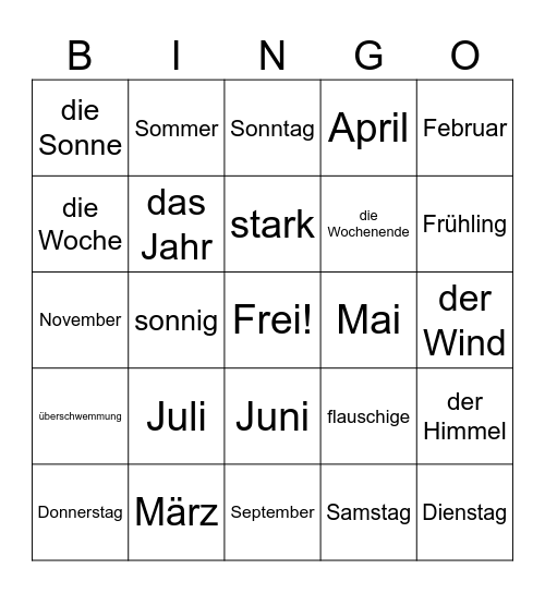 German Vocab Review Bingo Card