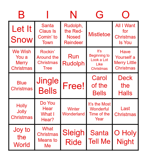 Holiday Song BINGO Card
