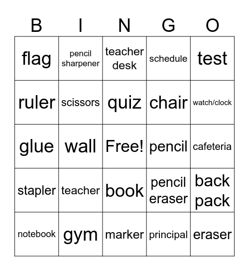 Classroom Items Bingo Card