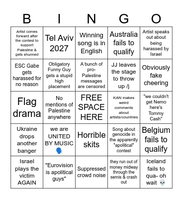 Eurovision 2026 Bingo Card