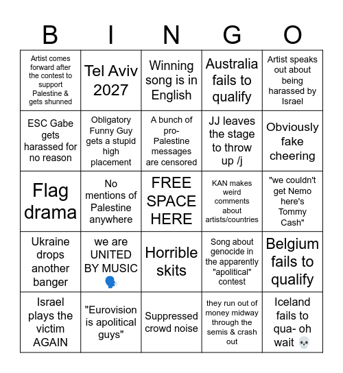 Eurovision 2026 Bingo Card