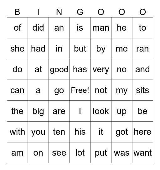 Sight Word Bingo Card