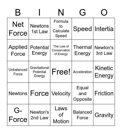 Force and Motion Bingo Card