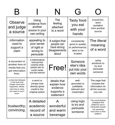 Research Writing Vocabulary Bingo Card