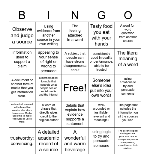 Research Writing Vocabulary Bingo Card