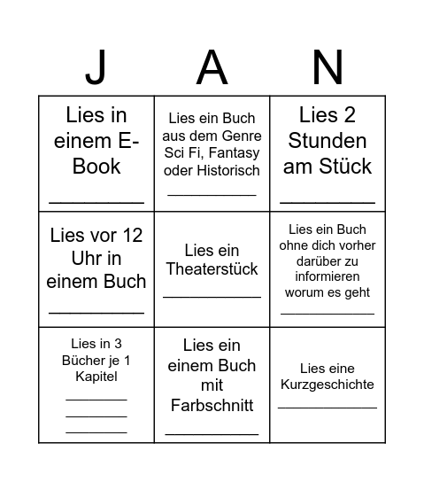 Januar Challenge Bingo Card