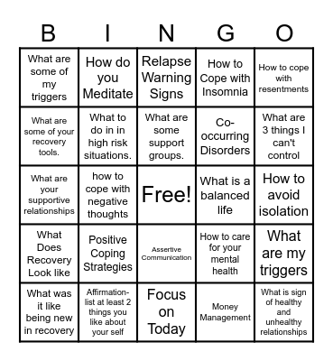 Recovery Bingo Card