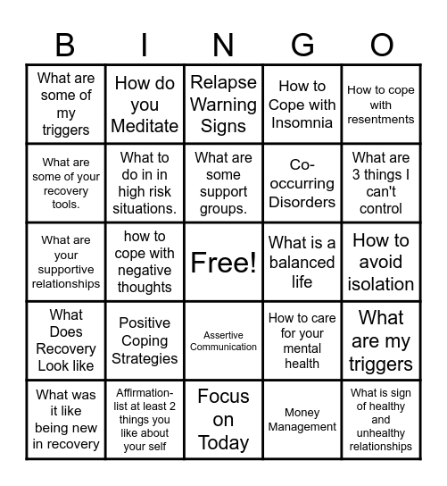 Recovery Bingo Card