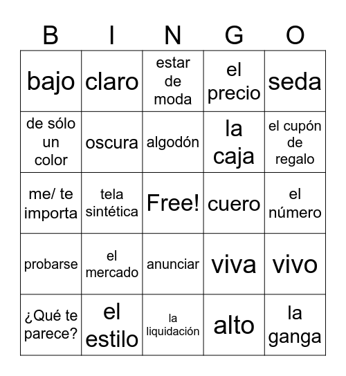 Spanish 2 2B Vocabulary Bingo Card