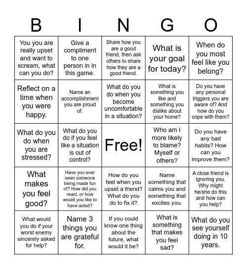 Emotional Regulation Bingo Card