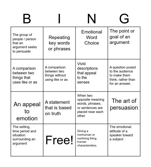 Rhetoric Definitions Bingo Card