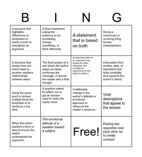 Structure & Author's Choices Bingo Card