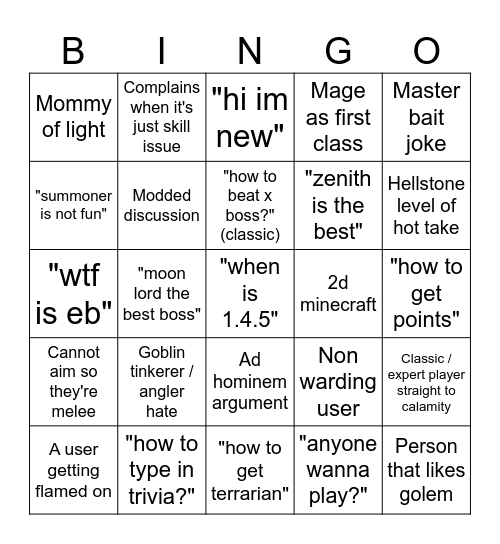 Terraria Chat Bingo Card