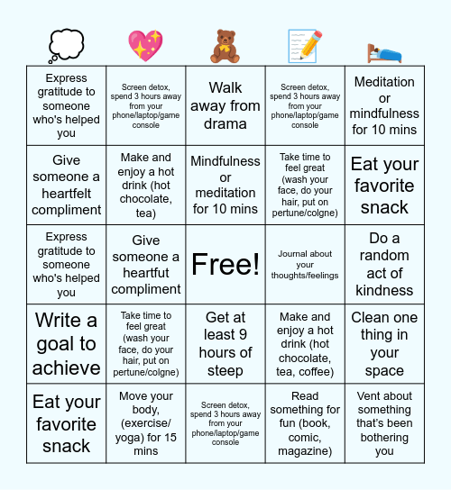 Finals Self-Care Bingo Card
