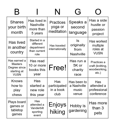 VUSN Staff Bingo! Bingo Card