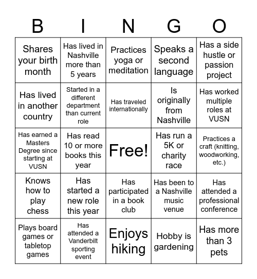 VUSN Staff Bingo! Bingo Card